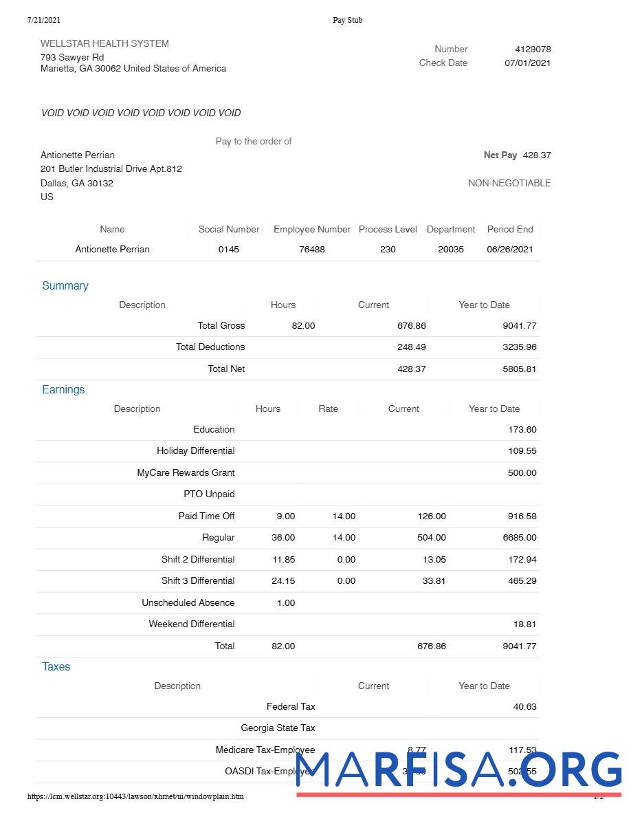 Printable Wellstar Health System pay stub download for verification
